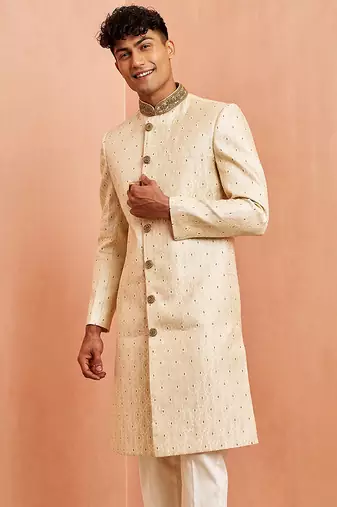 Men cream silk sherwani - maroon motif mandarin collar cutdana work wedding