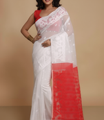 Dhakai Exclusive Softs Dual Color Jamdani Sarees (White Red) Without Blouse