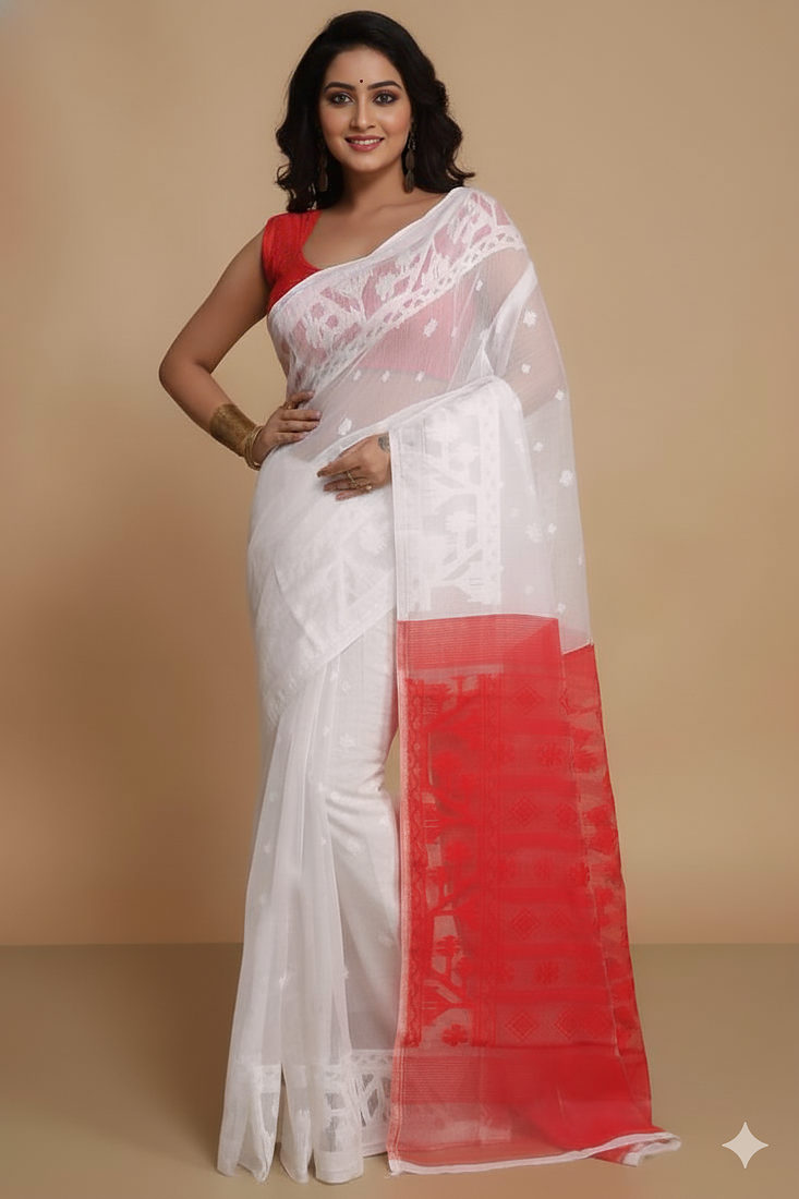 Dhakai Exclusive Softs Dual Color Jamdani Sarees (White Red) Without Blouse