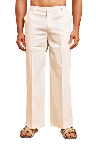 Men cream cotton lycra wide leg pant - zip button elastic waist party festive wear