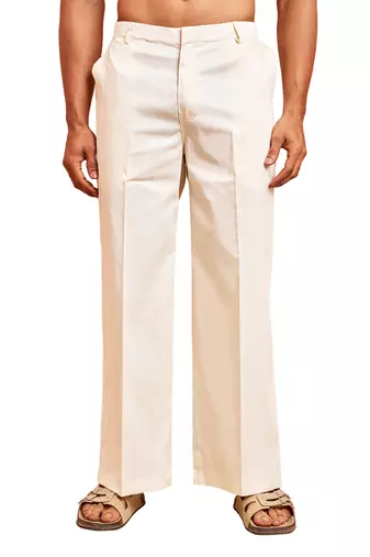 Men cream cotton lycra wide leg pant - zip button elastic waist party festive wear