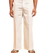 Men cream cotton lycra wide leg pant - zip button elastic waist party festive wear