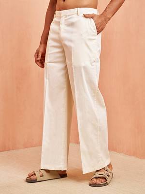 cream cotton trouser with plain wide-leg design 4