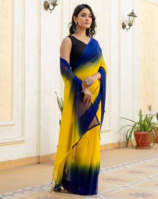 Yellow & blue georgette solid saree with blue blouse 1