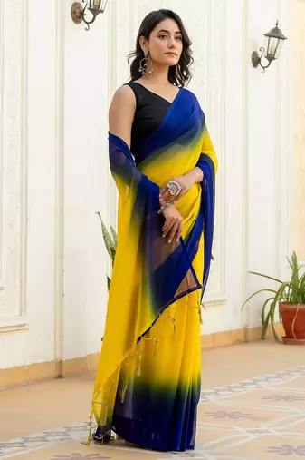 Yellow & blue color georgette solid saree with blue color blouse