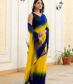 Yellow & blue color georgette solid saree with blue color blouse