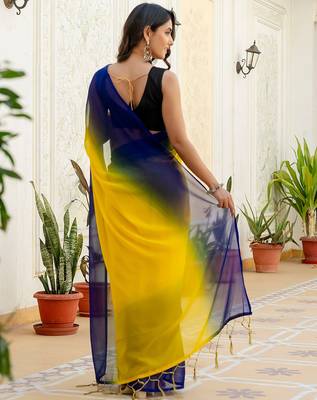 Yellow & blue georgette solid saree with blue blouse 2