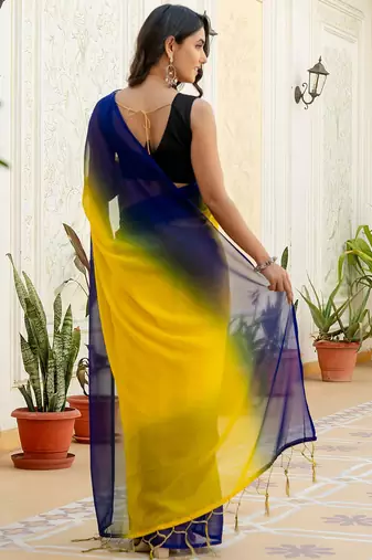 Yellow & blue color georgette solid saree with blue color blouse