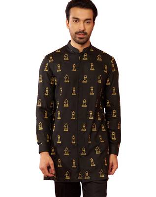 Men's black fine satin kurta - embroidered mid-length festive wear 1