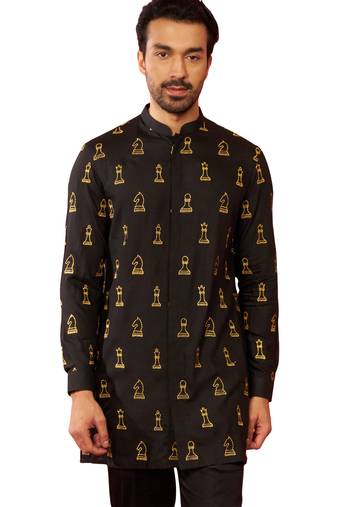 Men's black fine satin kurta - embroidered mid-length festive wear