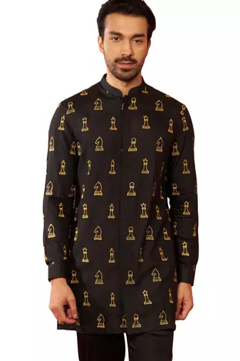 Men's black fine satin kurta - embroidered mid-length festive wear