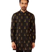 Men's black fine satin kurta - embroidered mid-length festive wear