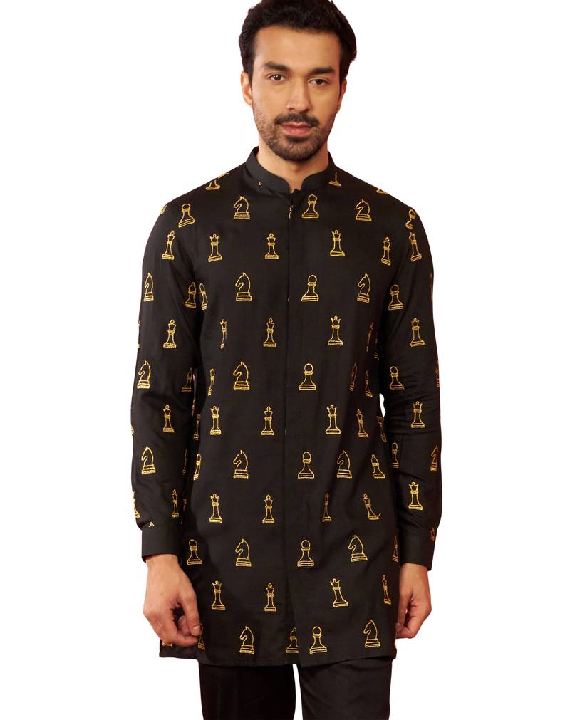 Men's black fine satin kurta - embroidered mid-length festive wear