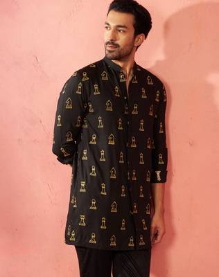Men's black fine satin kurta - embroidered mid-length festive wear 2