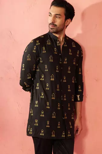 Men's black fine satin kurta - embroidered mid-length festive wear