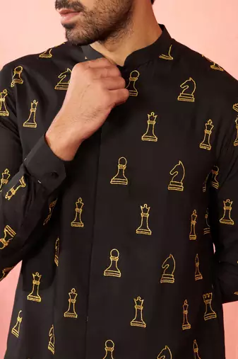Men's black fine satin kurta - embroidered mid-length festive wear