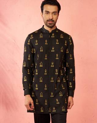 Men's black fine satin kurta - embroidered mid-length festive wear 4