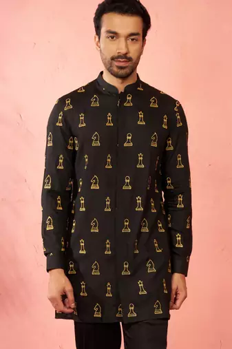 Men's black fine satin kurta - embroidered mid-length festive wear