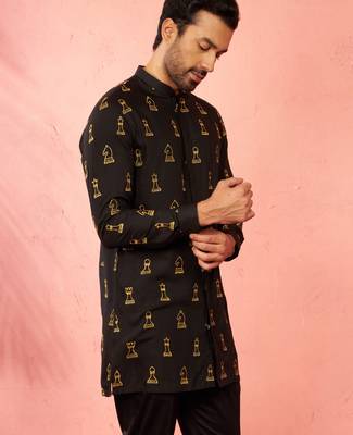 Men's black fine satin kurta - embroidered mid-length festive wear 5