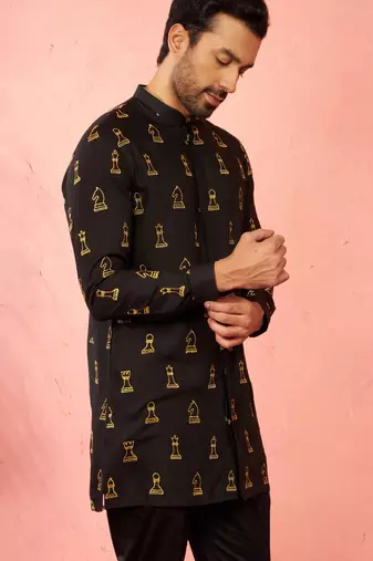 Men's black fine satin kurta - embroidered mid-length festive wear