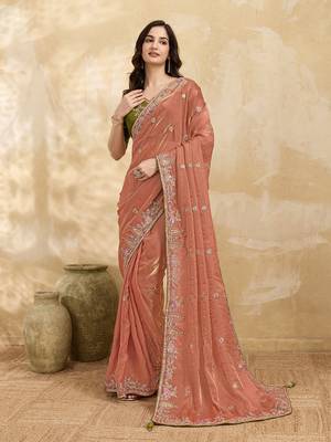 Satin Embroidery Sequence work Saree with Unstitched Blouse Piece 1