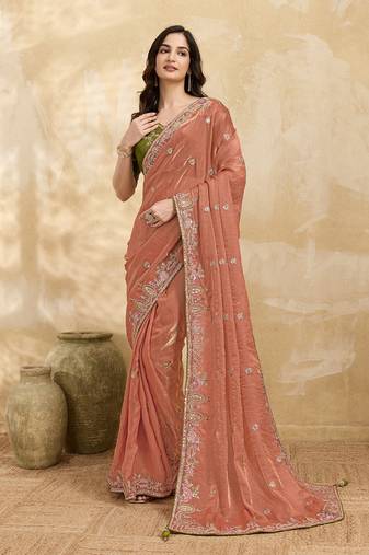 Satin Embroidery Sequence work Saree with Unstitched Blouse Piece