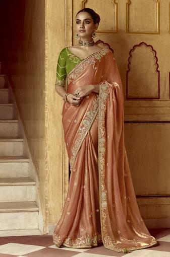 Satin Embroidery Sequence work Saree with Unstitched Blouse Piece