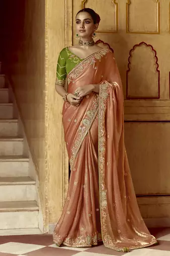Satin Embroidery Sequence work Saree with Unstitched Blouse Piece