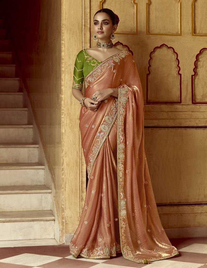 Satin Embroidery Sequence work Saree with Unstitched Blouse Piece