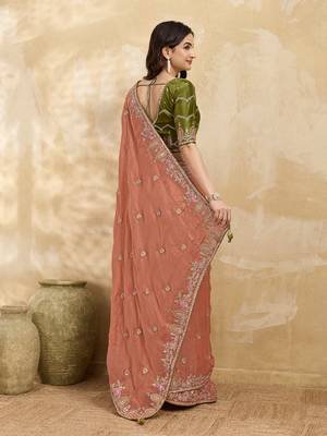 Satin Embroidery Sequence work Saree with Unstitched Blouse Piece 2