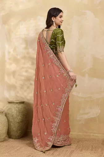 Satin Embroidery Sequence work Saree with Unstitched Blouse Piece