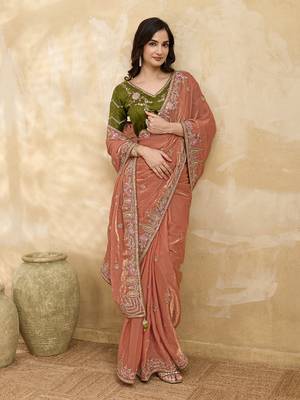 Satin Embroidery Sequence work Saree with Unstitched Blouse Piece 3