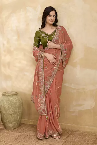 Satin Embroidery Sequence work Saree with Unstitched Blouse Piece