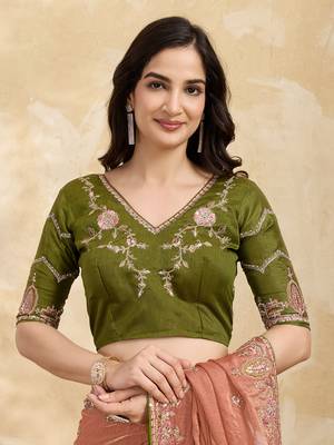Satin Embroidery Sequence work Saree with Unstitched Blouse Piece 4