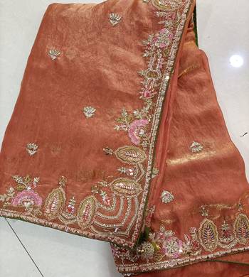 Satin Embroidery Sequence work Saree with Unstitched Blouse Piece 6