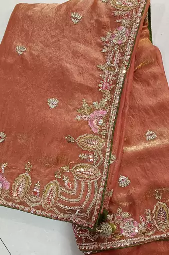 Satin Embroidery Sequence work Saree with Unstitched Blouse Piece