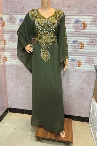  Olive Green Embroidered Designer Stitched Kaftan with Golden Bead & Stone Work