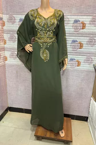  Olive Green Embroidered Designer Stitched Kaftan with Golden Bead & Stone Work