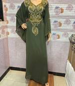  Olive Green Embroidered Designer Stitched Kaftan with Golden Bead & Stone Work