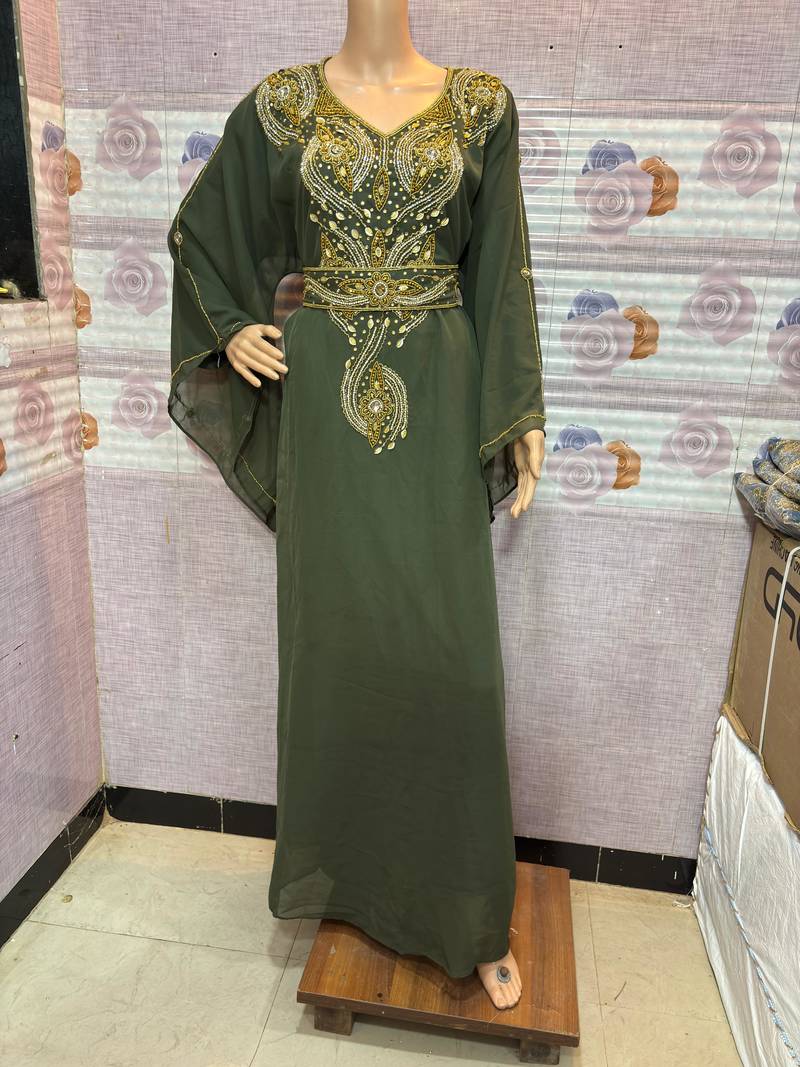 Olive Green Embroidered Designer Stitched Kaftan with Golden Bead & Stone Work