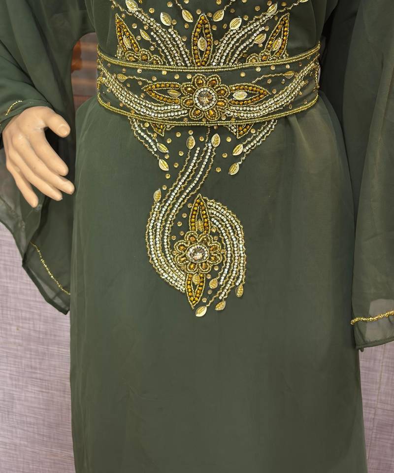 Olive Green Embroidered Designer Stitched Kaftan with Golden Bead & Stone Work