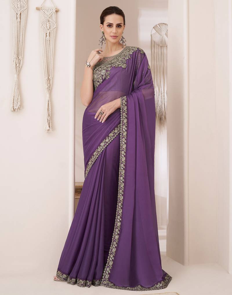 Chiffon Embroidery Sequence Work Saree with Unstitched Blouse Piece