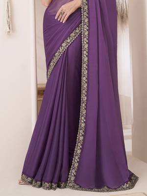 Chiffon Embroidery Sequence Work Saree with Unstitched Blouse Piece 2