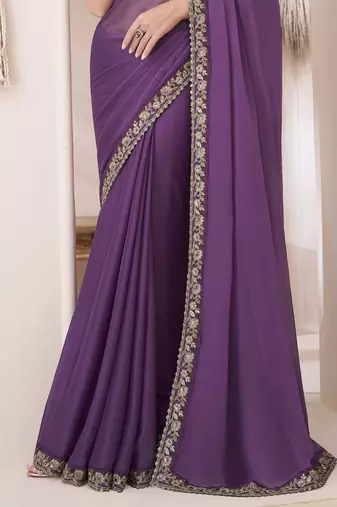 Trendmalls Chiffon Embroidery Sequence Work Saree with Unstitched Blouse Piece