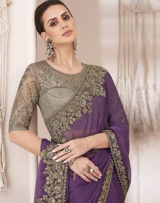 Chiffon Embroidery Sequence Work Saree with Unstitched Blouse Piece 3