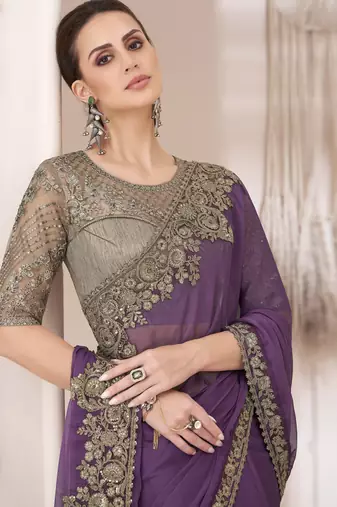 Trendmalls Chiffon Embroidery Sequence Work Saree with Unstitched Blouse Piece