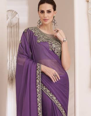 Chiffon Embroidery Sequence Work Saree with Unstitched Blouse Piece 4