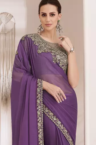 Trendmalls Chiffon Embroidery Sequence Work Saree with Unstitched Blouse Piece
