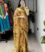 mustard color  all over printed shimmer saree with unstitched blouse