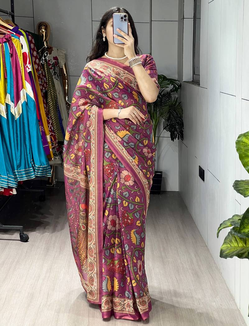 beat color  all over printed shimmer saree with unstitched blouse